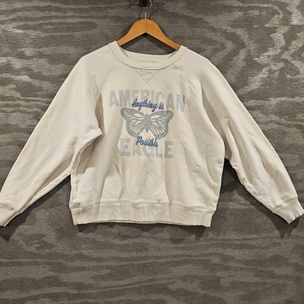 American Eagle Butterfly Graphic Raglan Sweatshirt Cream Womens Medium Relaxed - Picture 2 of 10